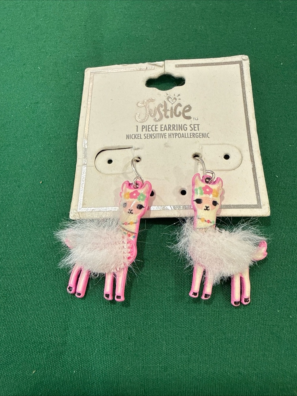 Justice Pink Llama with white plush dangling pierced earrings. 50B